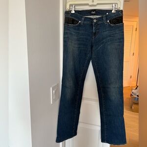 D&G Dolce&Gabbana Womens Dark Blue Straight Leg Jeans with black leather accents